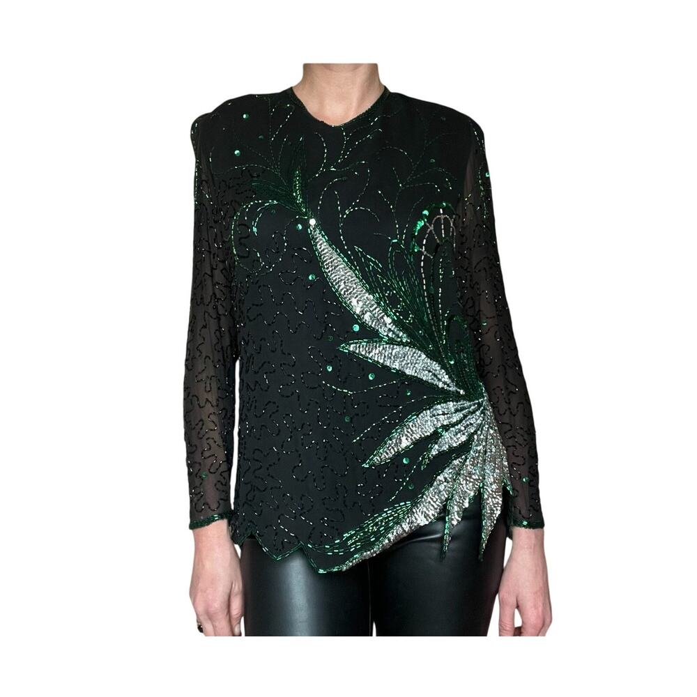 Vintage Silver and Green Sequin Top- Holiday Attire
